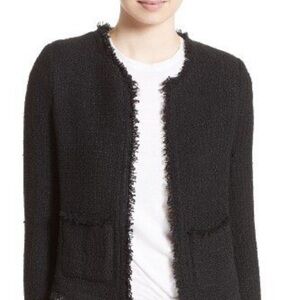 Joie black tweed lightweight buttonless open fringe jacket